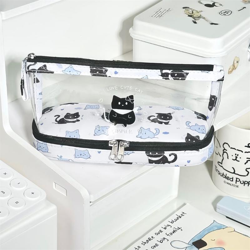 Canvas Transparent Pencil Case Minimalist Style Butterfly Kitten Student Pencil Pouch Kapibala Cartoon Stationery Storage Bag