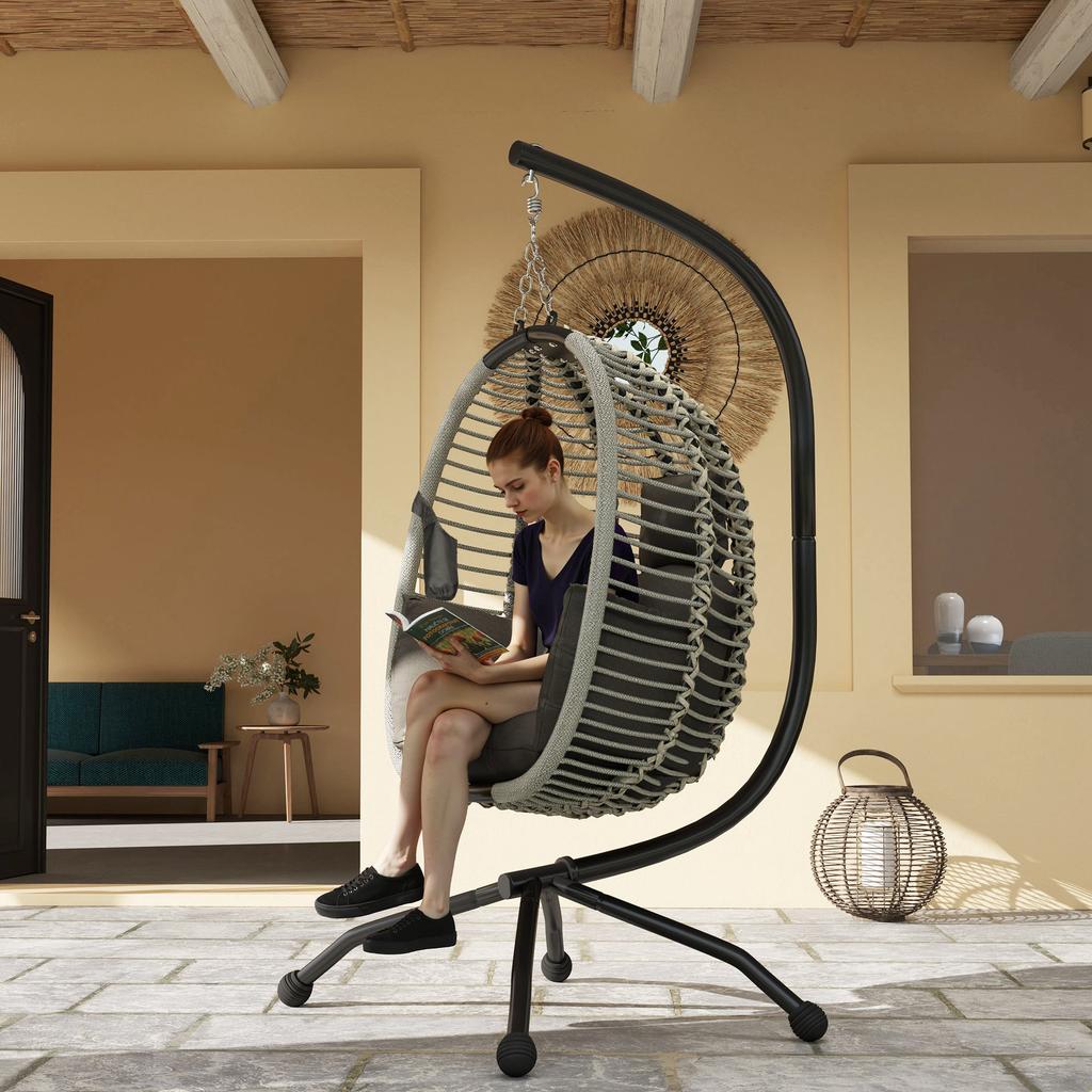 Outdoor Swing Chair with Thick Padded Cushion, Patio Hanging Egg Chair with Metal Stand, Foldable Basket, Cup Holder
