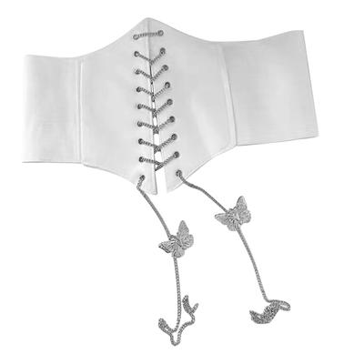 Women Lace Up Corset Waist Belt Fashionable Butterfly Chain Corset Wide Elastic Waist Belt White