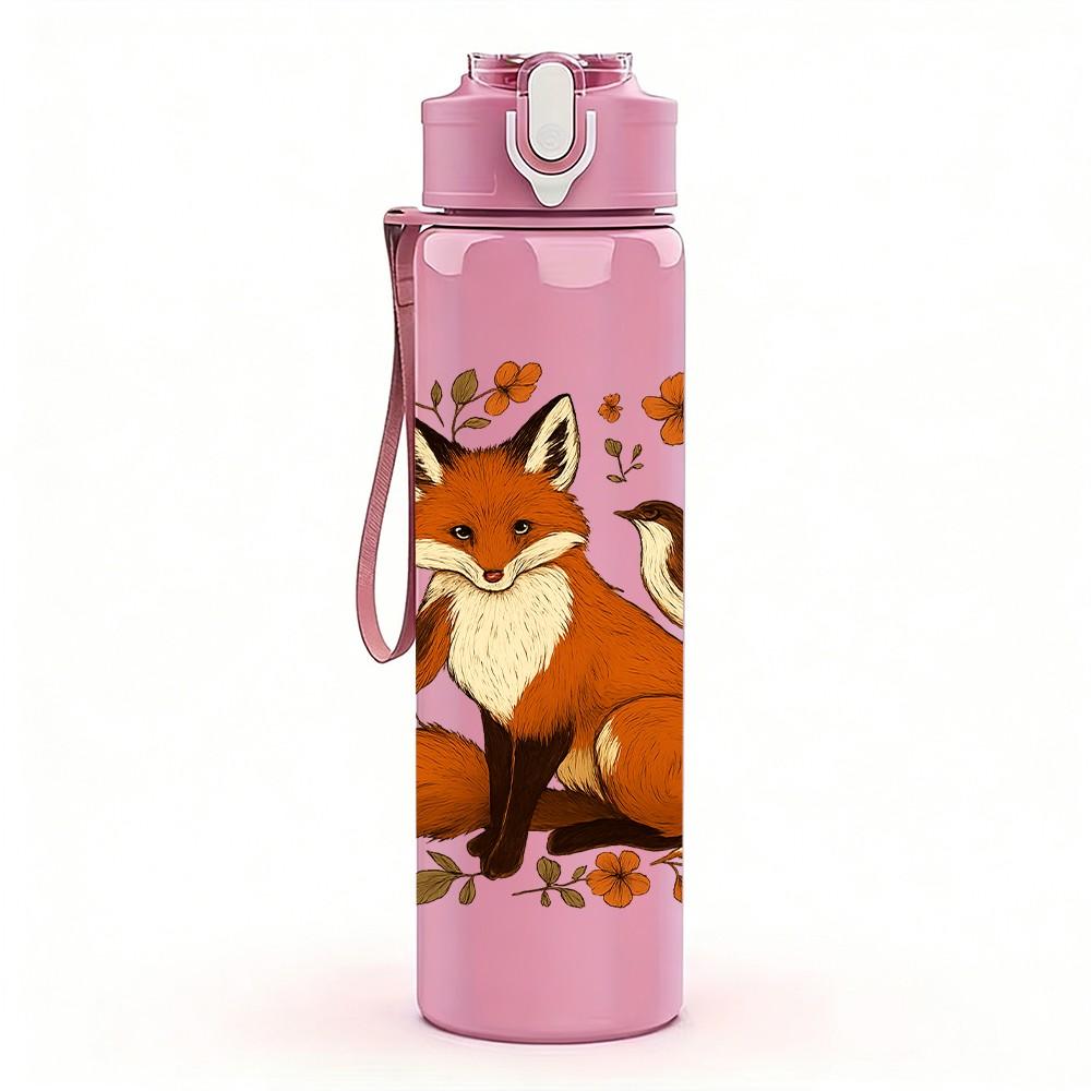 1PC Autumn Floral Fox Illustration 750ml Color Plastic Sports Water Bottle Leakproof Flip Straw Lid Suitable for Sports Office Home Use