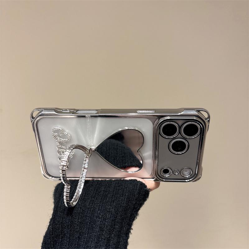 Luxurious Rhinestone Heart Mirror Kickstand Phone Case For iPhone 11 12 13 14 15 16 17 Pro Max 14 15 16 Plus 17Pro Air Y2K Cover