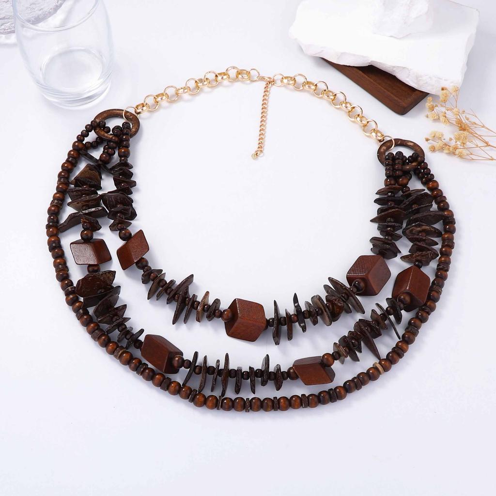 Personality Bohemian ethnic exoticism exaggerated multi-layered wearing beaded geometric wooden women's necklace