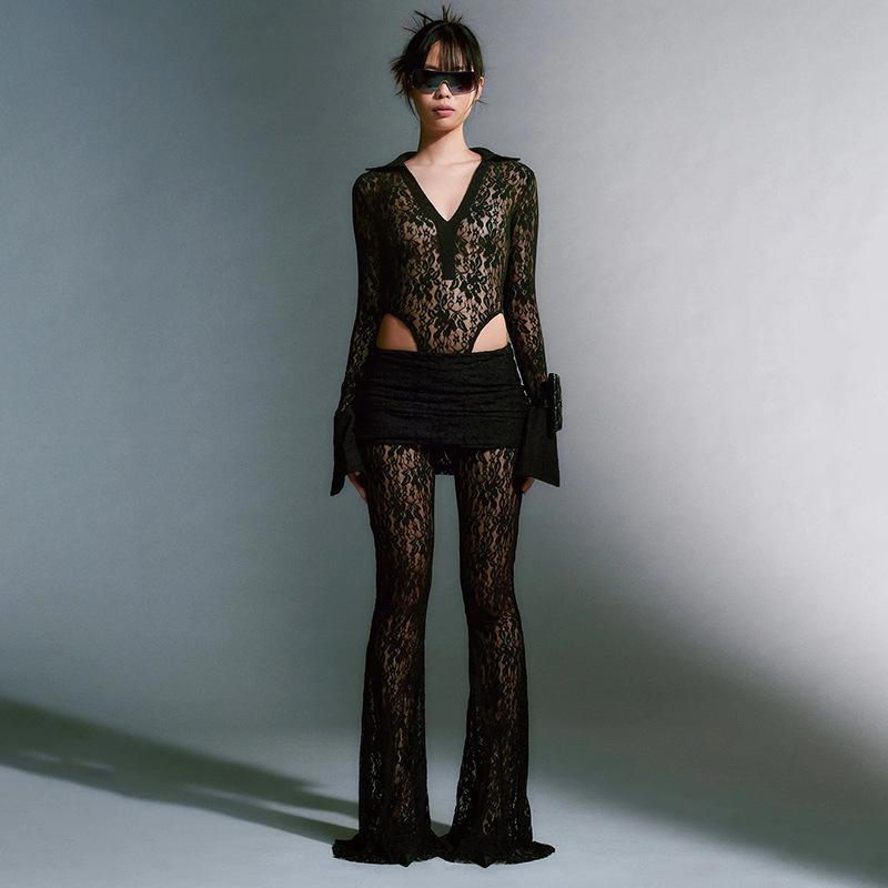 2024 European & American Lace Patchwork Deep V Top & Sheer Flared Pants Women's Set