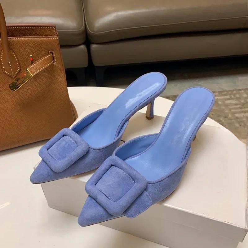 2024 New Muller Shoes Women's Shallow Mouth Pointed Toe Middle Heel Square Buckle Stiletto Baotou Women's Half Slippers