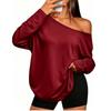 Women S Color Block Off Shoulder Hooded Long Sleeve Casual Sports T Shirt