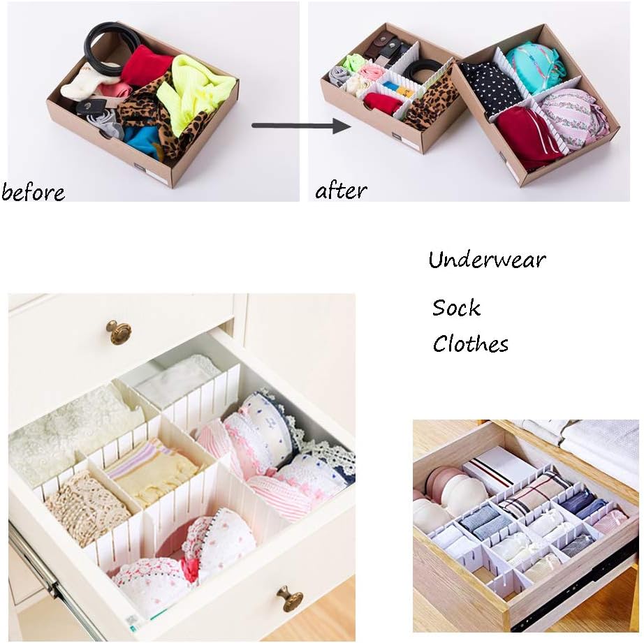 12PCS DIY Plastic Grid Drawer Dividers, White Adjustable Drawer Organizers for Socks and Underwear Storage