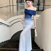 Blue Gradual Change Sexy Pleated Tube Top Dress Long High Sense Holiday Wind Waist Hip Fish Tail Dress Women Summer