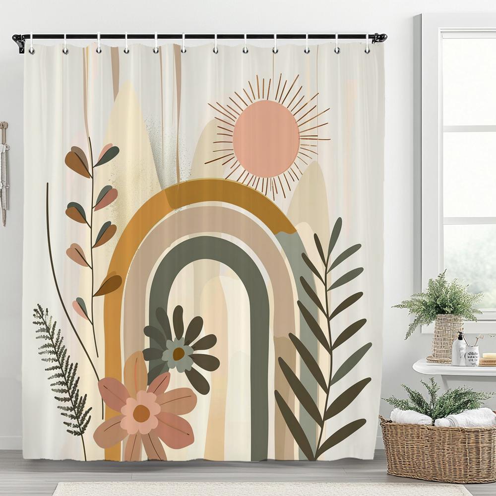 Boho Abstrakt Cartoon Regenbogen Muster Duschvorhang, Moderner Minimalistischer Badezimmer Vorhang, Heimdeko Vorhang Mit Haken