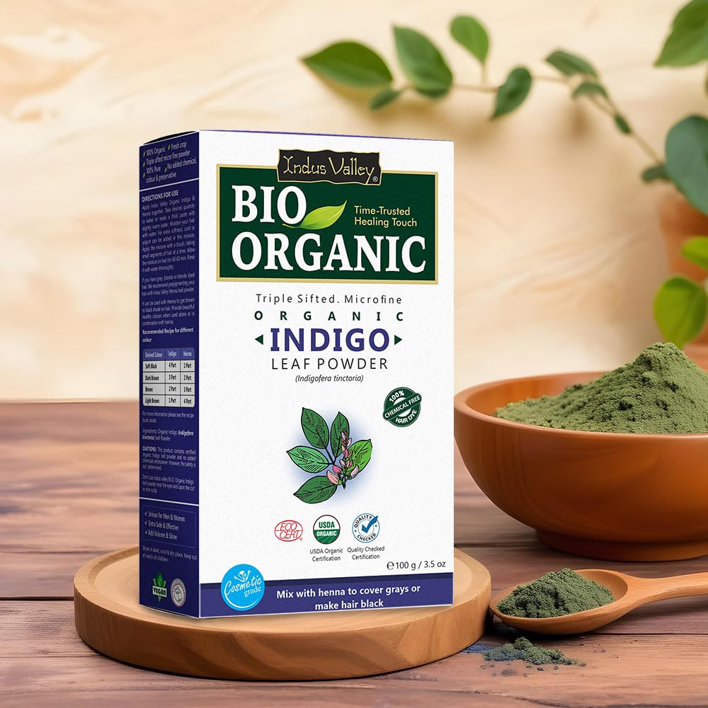 Indus Valley Bio Organic Herbal Indigo Powder 100 Gm Natural Hair Color, 100% Organic & Chemical-Free, Protect Hair from Damage,Supports Healthy Hair
