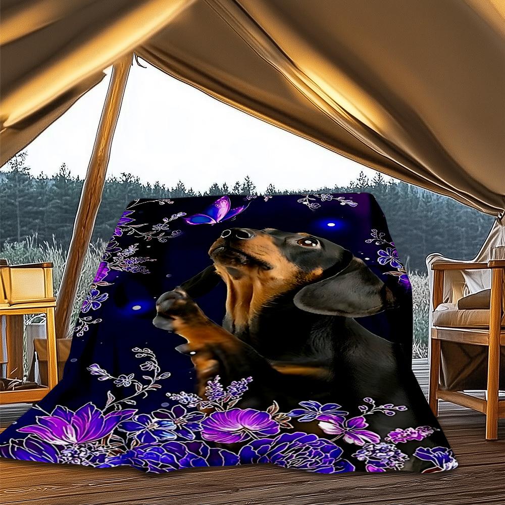 1pc Floral Dachshund Outdoor Flannel Blanket , Machine Washable Perfect Gift for Birthday , Holiday Travel Accessory , Durable Material