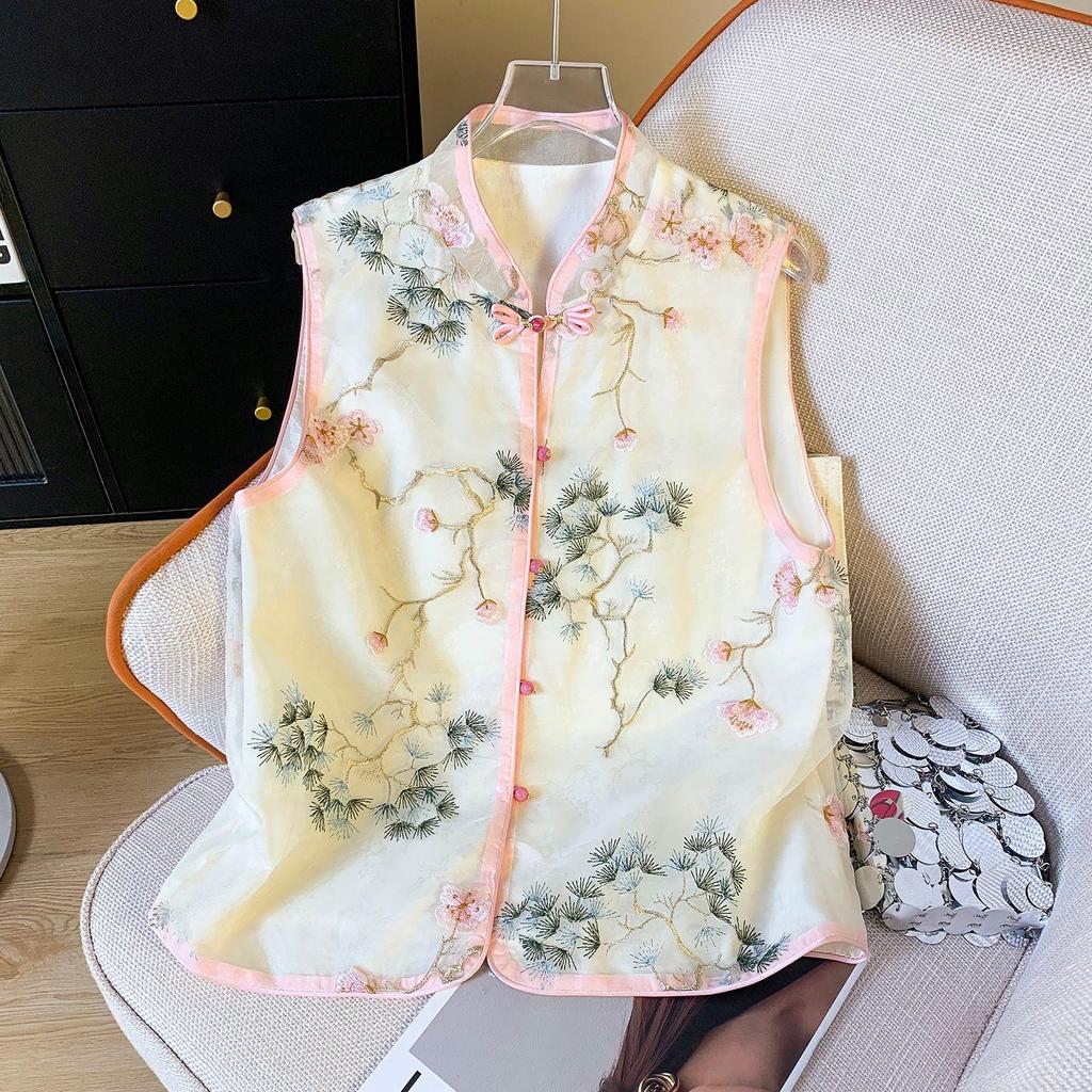 2024 Summer Women's Retro Chinese Style Embroidered Frog Button Sleeveless Vest