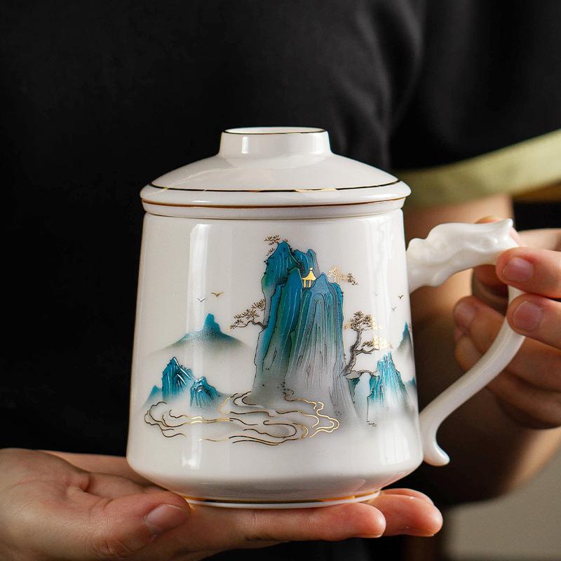 

Classical Yangzhi Jade White Porcelain Office Cup High-end Conference Cup Tea Water Separation Tea Brewing Cup 370ml