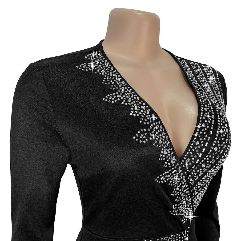 C7290 Elegantes europäisches und amerikanisches Mode Damen V-Ausschnitt Kleid mit halblangen Ärmeln und Hot-Drill-Design