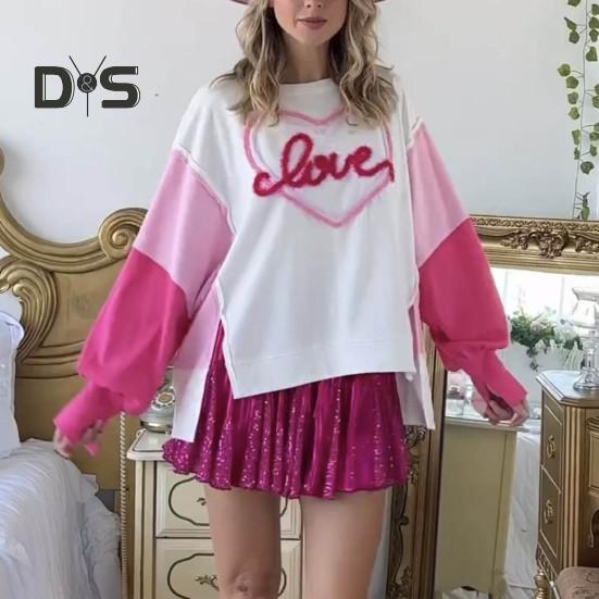 

Женская весенняя толстовка с длинным рукавом в стиле пэчворк, соответствующая цвету, вышивка, разделенный подол, свободная круглая шея, женский повседневный топ на день Святого Валентина S розовый