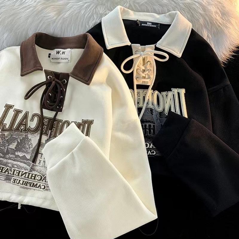 Dámská mikina slim-fit s retro barevným blokováním na šněrování s polokošilí, dlouhý rukáv, korejský styl na jaro/podzim