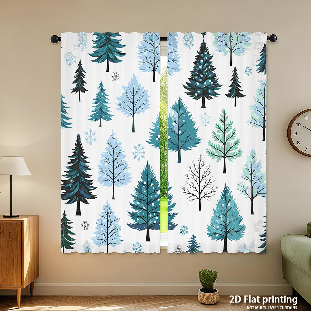 Piece Set High Definition Digital Printed Curtainswatercolor Blue Green Pine Tree Patternhome Decoration Style Curtains Made Of Polyester