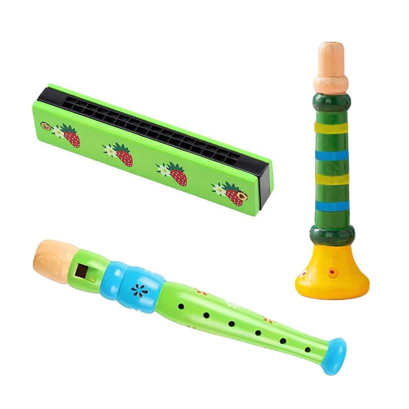 

Wooden Harmonica & 6-hole Flute & Horn Cartoon Instrument Combination Party Favors Festival Gift Musical Performance Props TMZ зелений