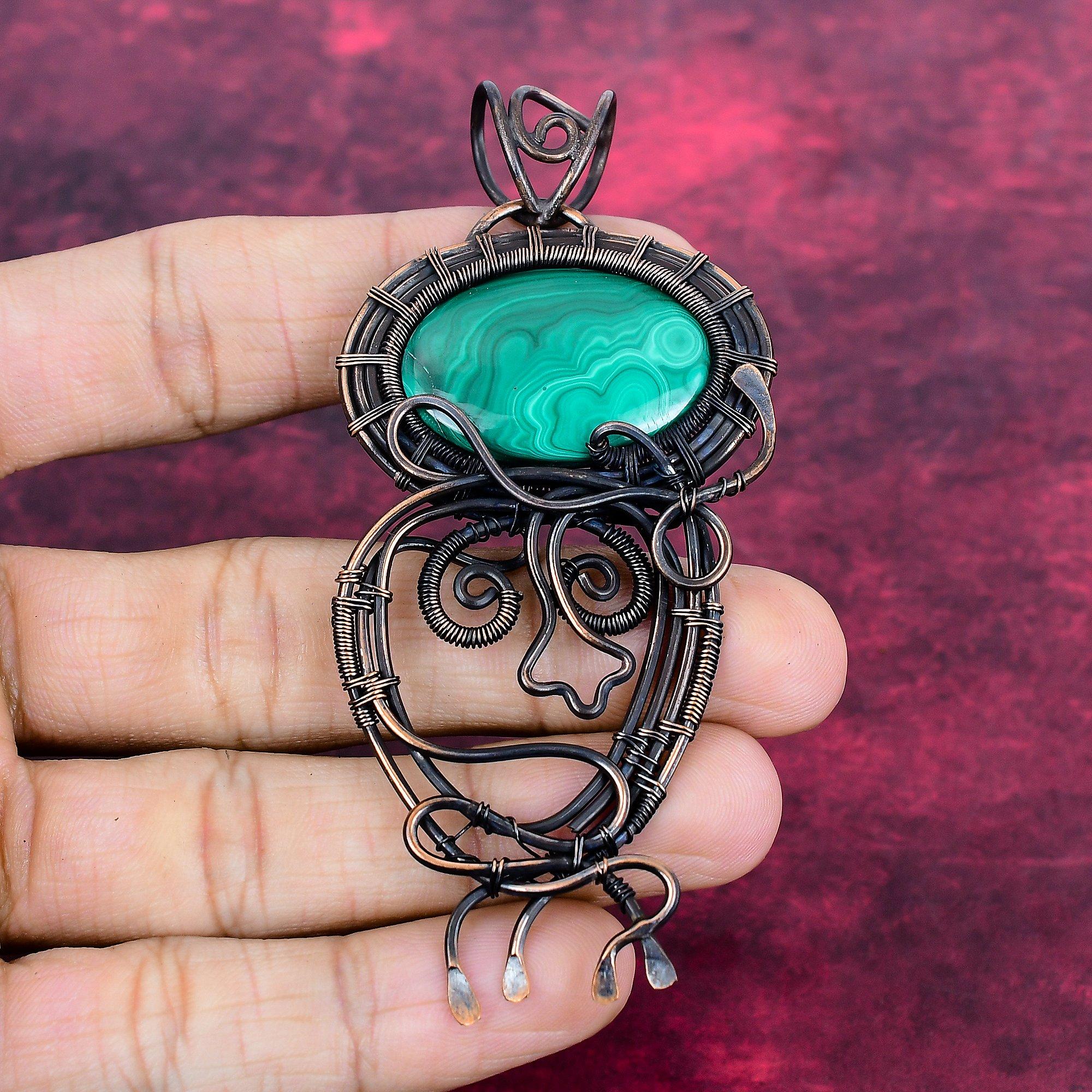 Malachite Pendant Handmade Gemstone Pendant Copper Wire Wrapped Antique Jewelry