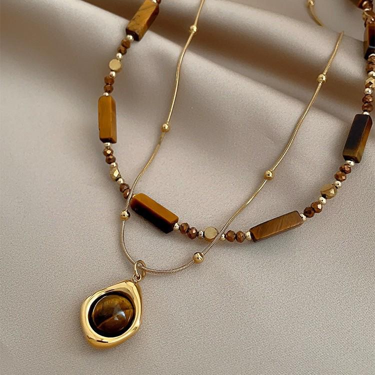 Autumn/Winter Layered Tiger Eye Pendant Necklace for Women - Double Clavicle Chain with High-End Sweater Chain Style