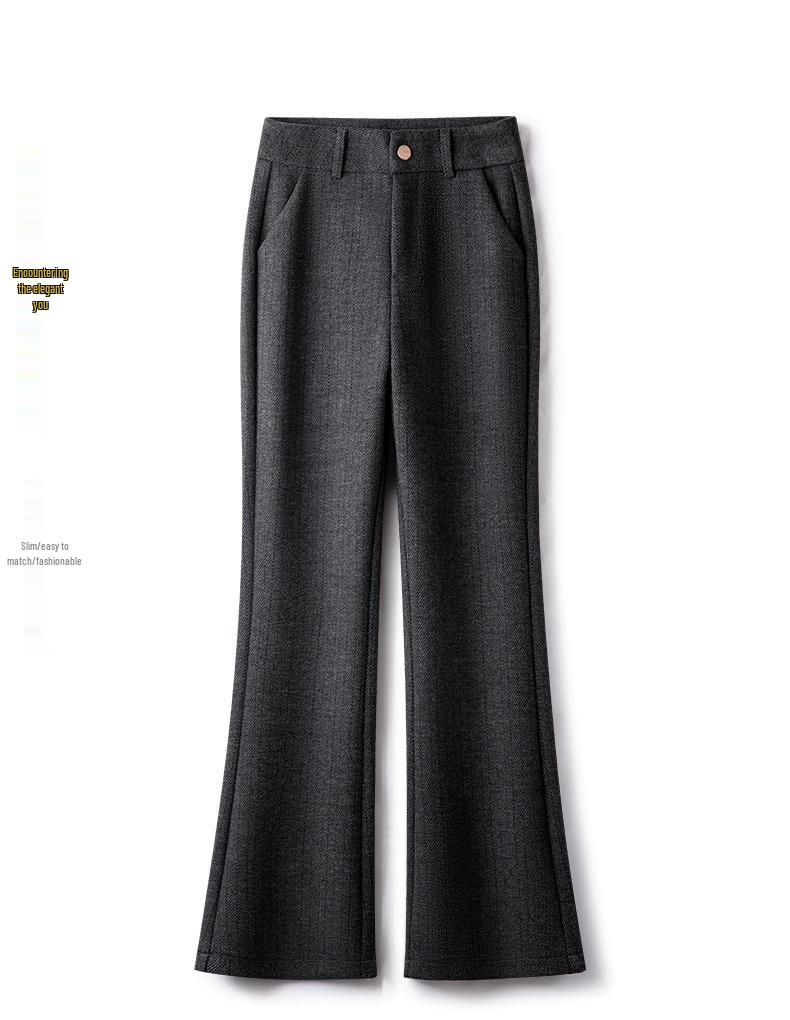 Women's Khaki Wool Flare Pants, High Waist Slim Fit, Spring/Autumn 2024