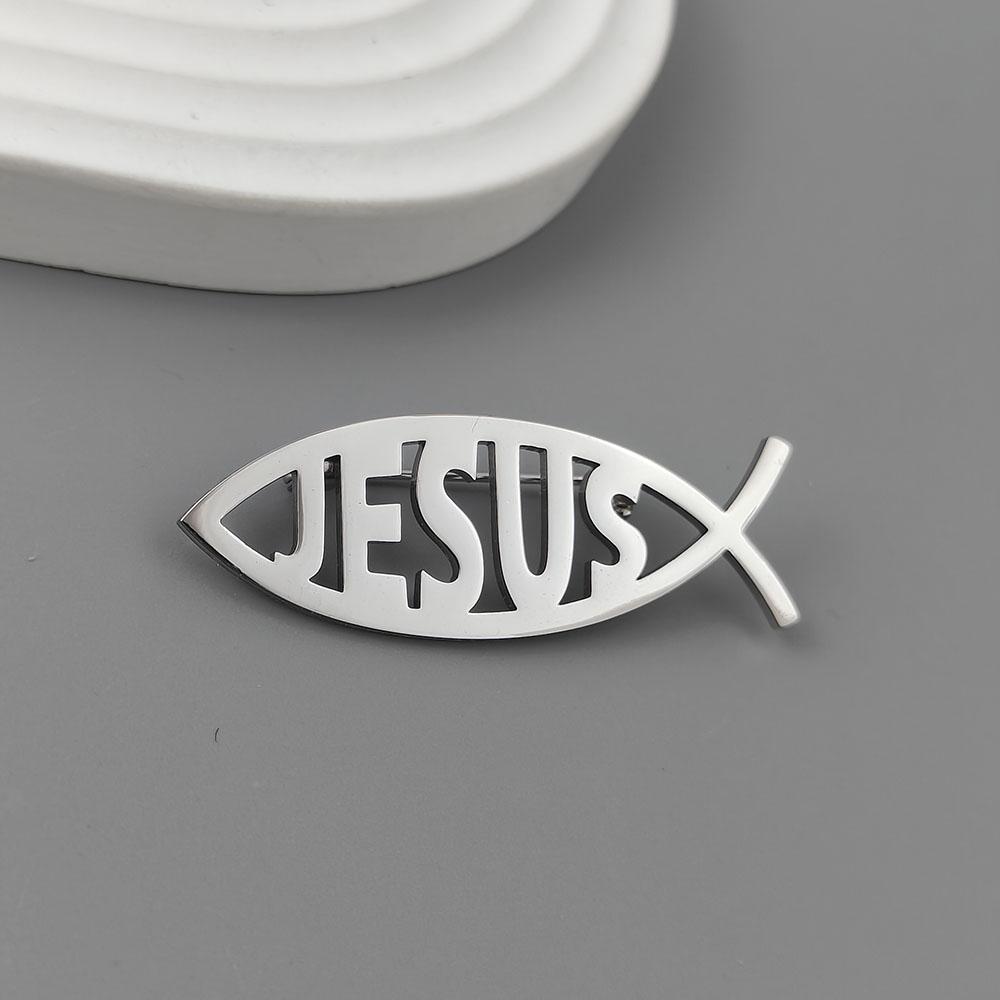 Stainless Steel Jesus Letter Fish Brooch Men's Shirt Suit Badge Pins Fashion Jewelry Accessories Religious Christian Gift