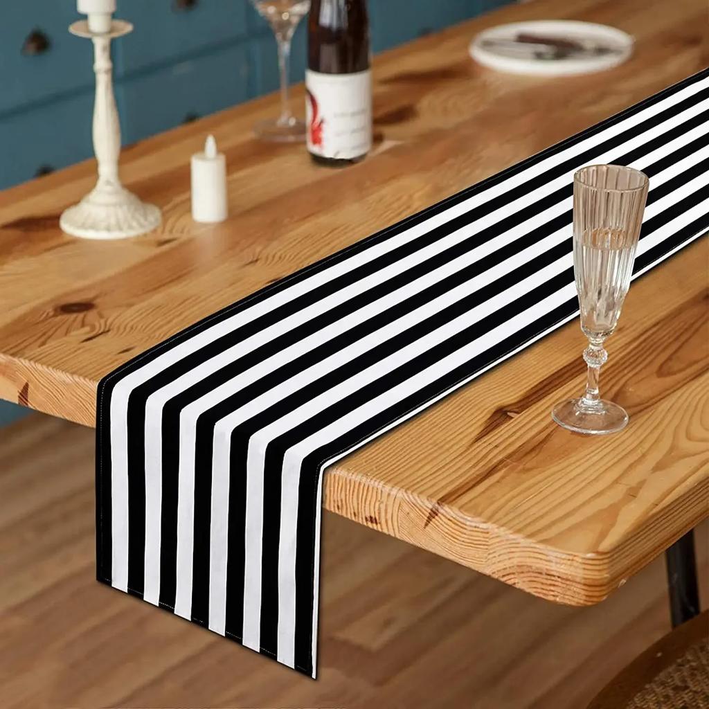 Classic Black and White Striped Table Runner Elegant Polyester Wood GrainTable Decor for Indoor Outdoor Halloween Banquet Party