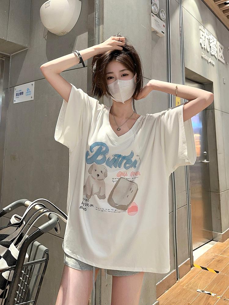 2025 Summer New Women's Influencer V-neck Loose Cartoon Print Short Sleeve T-shirt