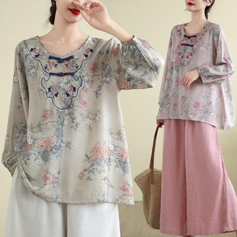 Autumn New Large Size Women's New Chinese Style National Style Embroidered Long-sleeved Tops Loose Pullover T-shirt