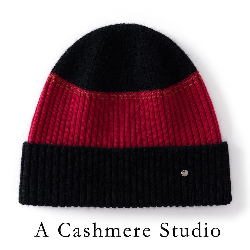Color Matching Cashmere Wool Hat Double-layer Flipped Brim Versatile Knitted Hat Warm Autumn and Winter Fashion Windproof Striped Hat Women