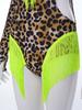 Women Latin Dance Leopard Bodysuit Matching Oversleeve Tassel Detail Front Keyhole Backless Hollow Out Waist Buttoned Crotch Leotard for Tango Cha Cha