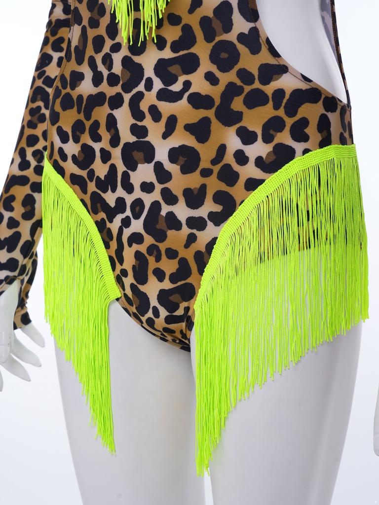 Women Latin Dance Leopard Bodysuit Matching Oversleeve Tassel Detail Front Keyhole Backless Hollow Out Waist Buttoned Crotch Leotard for Tango Cha Cha