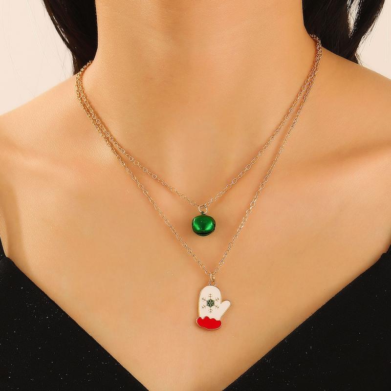 Double Layer Christmas Necklace Santa Bell Tree Reindeer Pendant Collarbone Chain Festive Holiday Jewelry Gift for Women