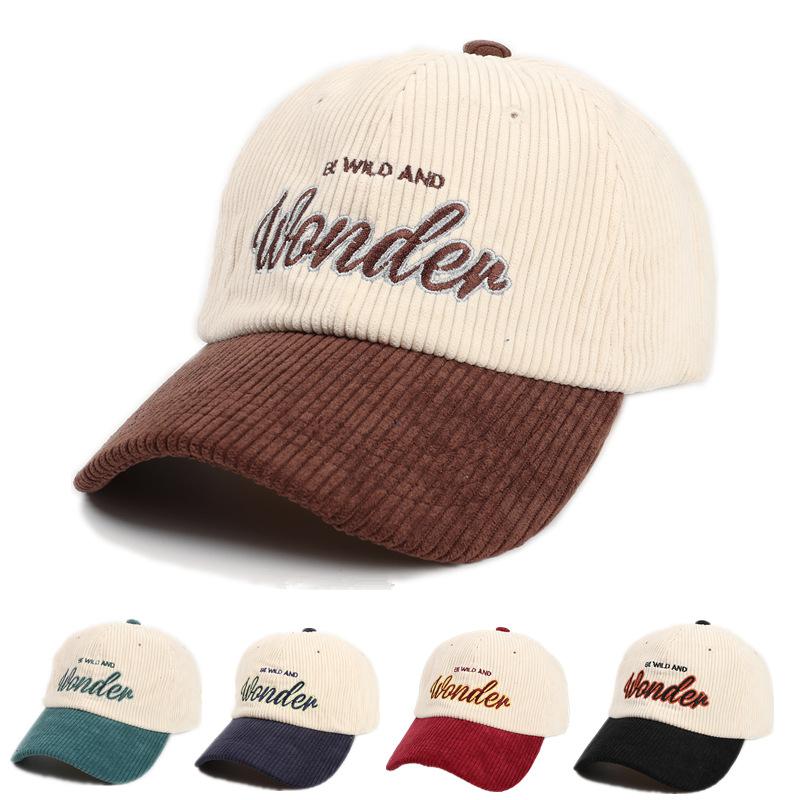 Corduroy color blocked baseball cap, autumn and winter letter embroidery splicing duckbill cap, versatile casual hat