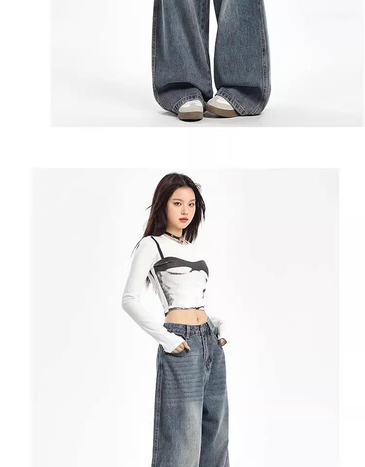 Unisex American Retro High-Waist Wide-Leg Jeans: Spring & Autumn, Loose, Slimming, Drapey, Floor-Length Straight-Leg Style.