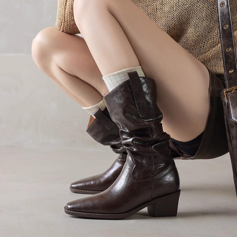 Maillard soft leather short boots women's autumn and winter boots stacking boots medium boots knight boots thick heel western cowboy boots