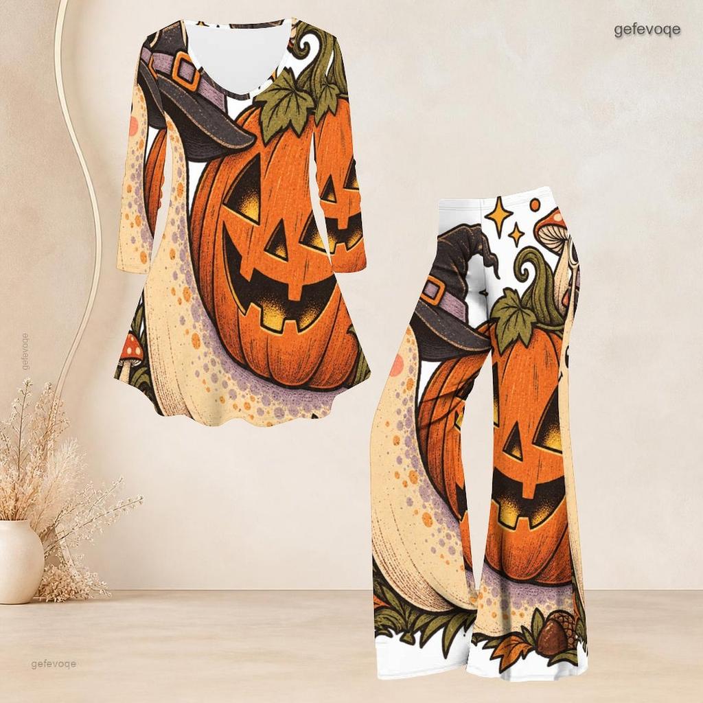 Women Plus Size Two Piece Set Round Neck Three Quarter Sleeve Bear Pumpkin Printed Flared Top And Flared Pants