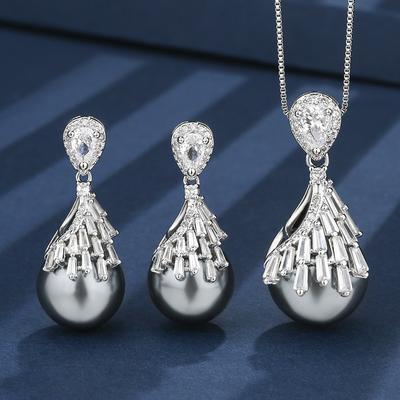Huabi Schmuck Kupferboden Vergoldet Eingelegt Graue Perle Premium Set Damen 16-14M