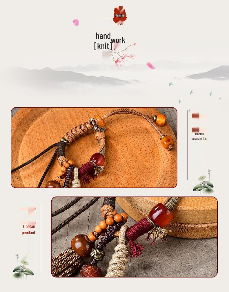 Woven Tibetan Glaze & Gold Sandalwood Beads with Bull Rope Support