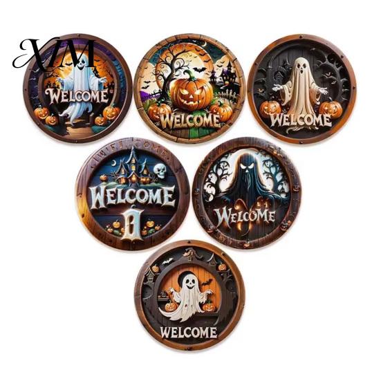 Fall Festival Tableware 6Pcs/Set Halloween Wooden Coasters, Retro Pumpkin Ghost Drink Coasters Round Heat Insulation Pads for Dining Table A