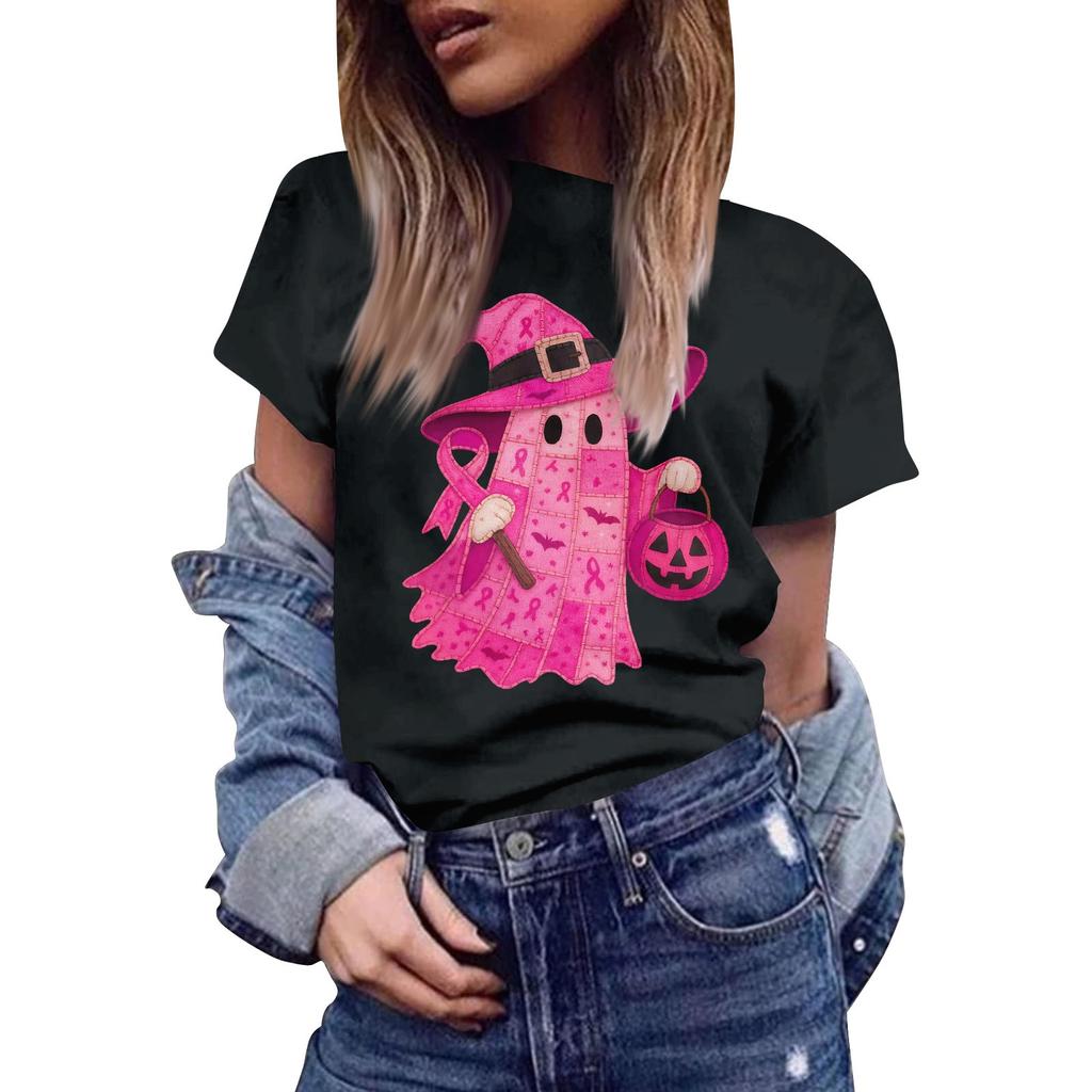 Women's Casual Halloween Breast Print T-Shirt Round Neck Pullover Short Sleeve Top