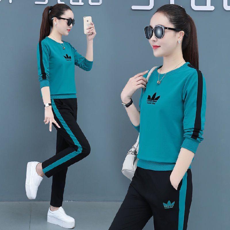 Jesień 2025 Damska odzież sportowa w koreańskim stylu, codzienna: Zestaw dwuczęściowy Plus Size, luźny, wyszczuplający, z długim rękawem, do biegania.
