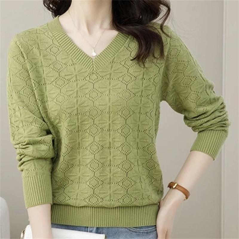 

Женская одежда Корейская мода Ажурный трикотажный свитер с V-образным вырезом Осень Зима Женские однотонные свободные топы с длинным рукавом Элегантные джемперы XXL зелёный