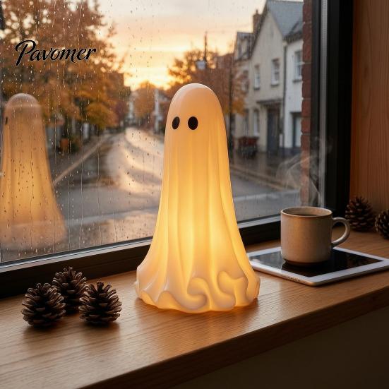 Decorative PLA Sculpture Light Up Ghost Halloween Lamp, 3D Printed LED Figurine, Holiday Gift for Kids Glowing Tabletop Decoration Mantel, Shelf,