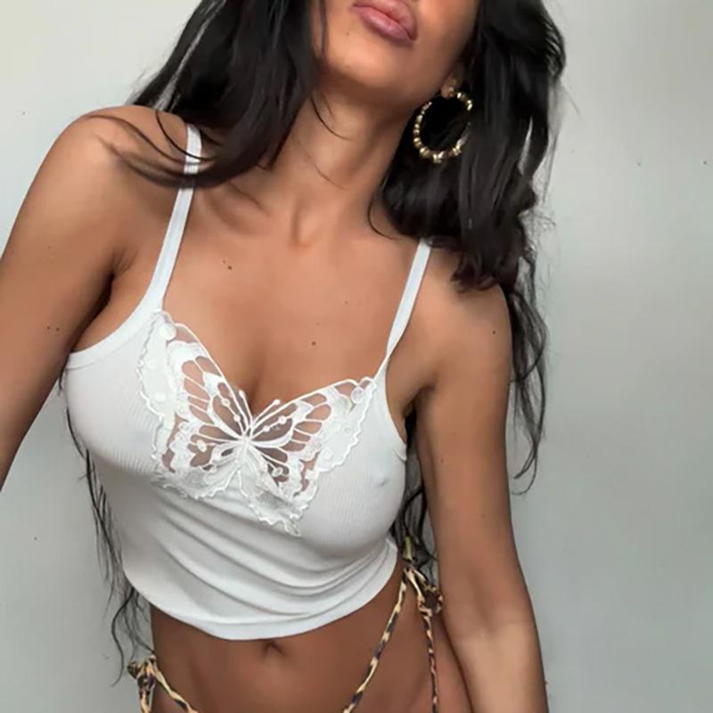 Spot new European and American style women's clothing, sling vest, splicing butterfly mesh yarn, ultra-short open-navel sexy babes wholesale