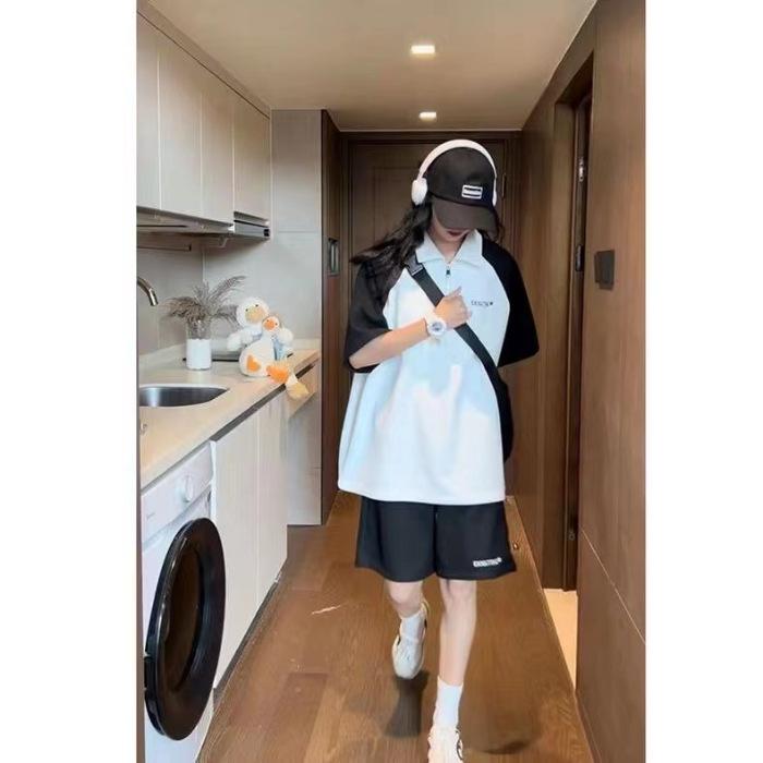 

POLO collar loose sports suit female summer leisure student contrasting color age-reducing short-sleeved shorts two-piece trendy set M чёрный