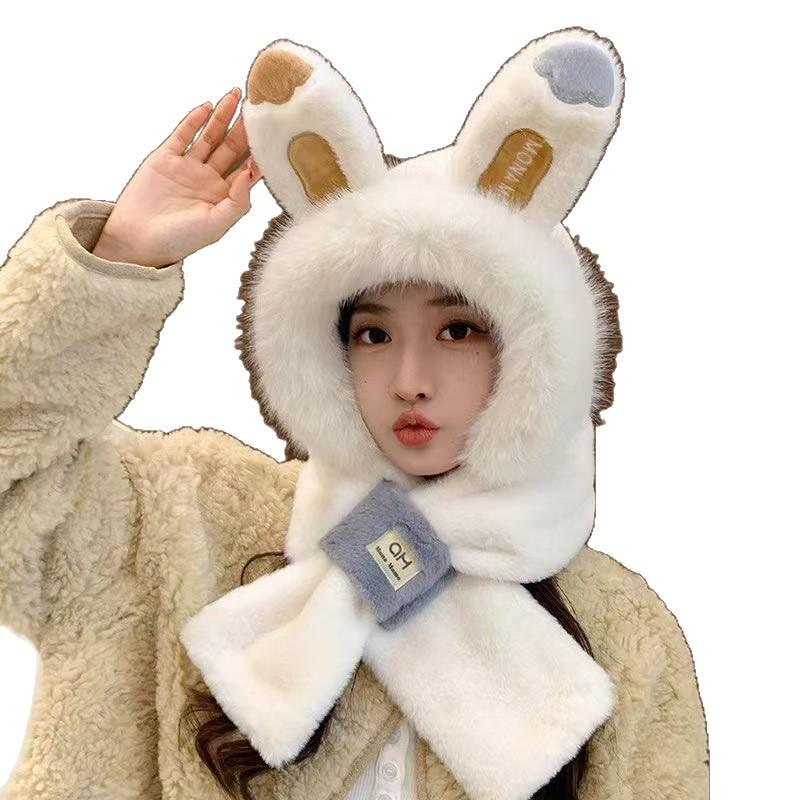 Three-piece hat set for women, autumn and winter, with fleece lining, thickened, integrated scarf and gloves, plush, warm, Korean style, ear
