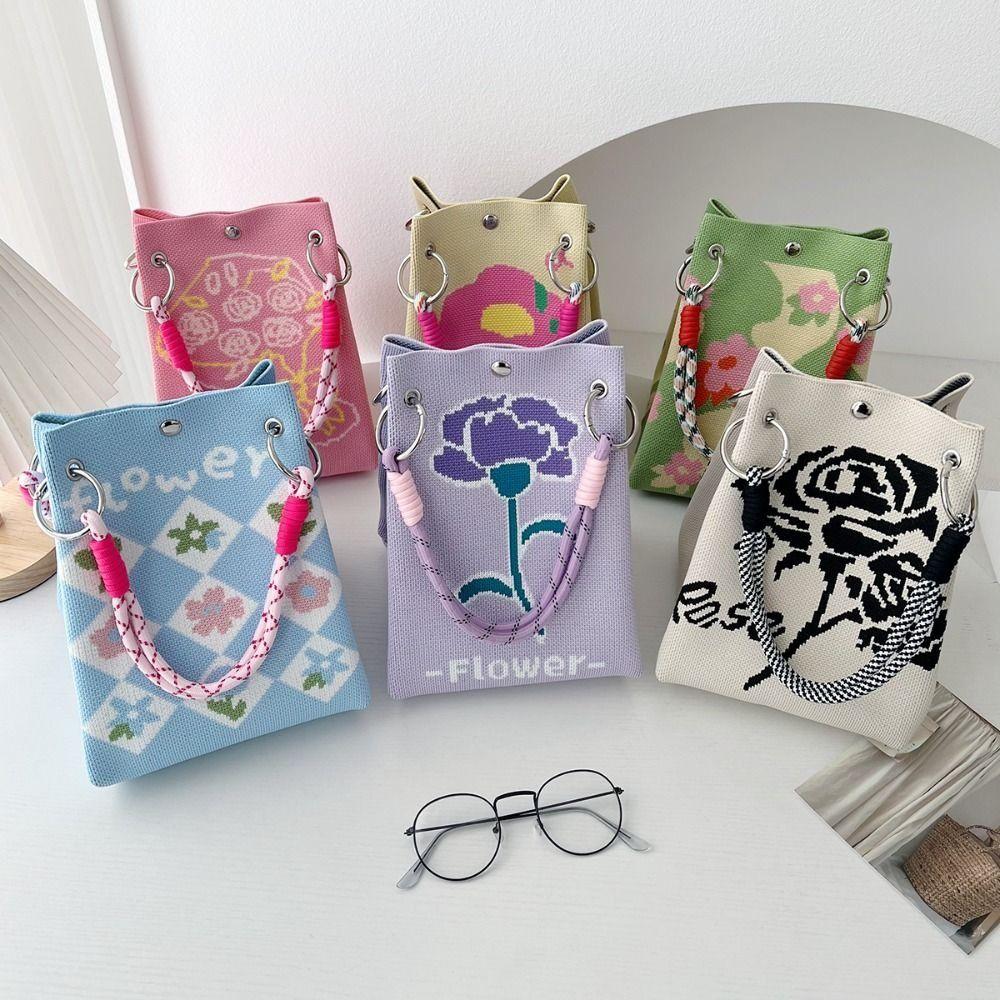 Portable Cartoon Knitted Bucket Bag Handmade Large Capacity Wrist Bag Woven Ring Buckle Handbag for Women Girls