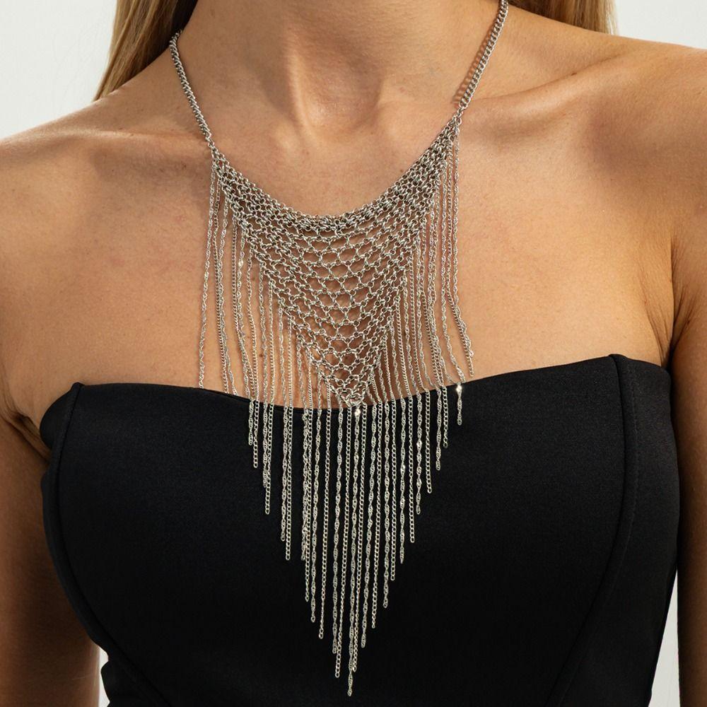 Silver Multi Layer Necklace Triangle Bohemian Collarbone Chain Simple Tassel Necklace  Girls