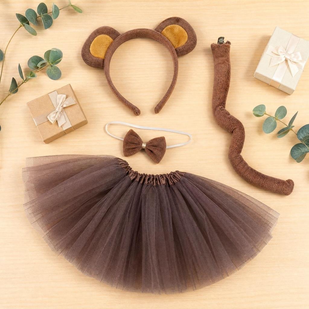 Girls Costume Set with Headband Tie Tail and Skirt for Halloween Party