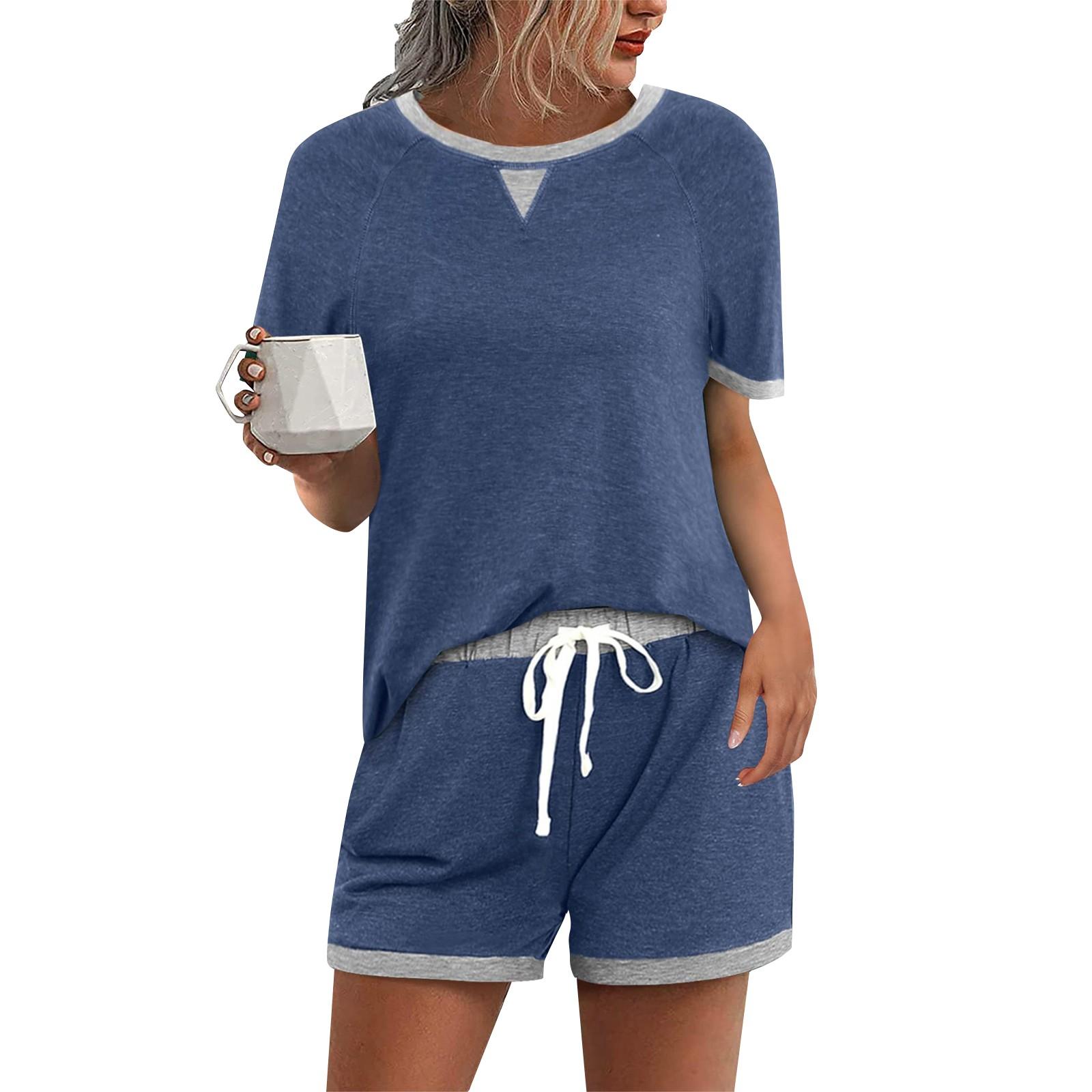 

Модная женская сексуальная весенне-летняя новая женская одежда, удобная и повседневная футболка с цветными блоками, топы и шорты, комплект из двух предметов XL синий